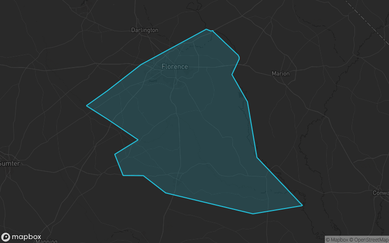 Map of Florence County, South Carolina showing the county boundary and surrounding cities
