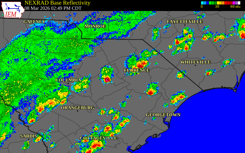 NEXRAD radar during the Sunday, March 8, 2026 storm activity in Florence County, South Carolina