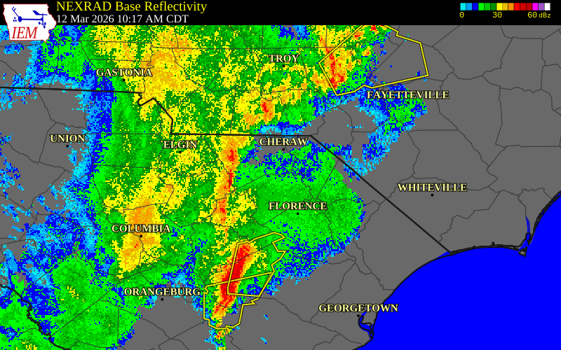 NEXRAD radar during the Thursday, March 12, 2026 storm activity in Florence County, South Carolina
