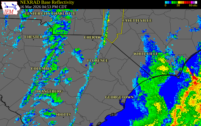 NEXRAD radar during the Monday, March 16, 2026 storm activity in Florence County, South Carolina