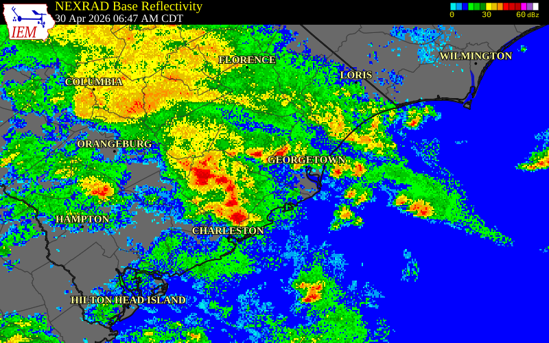 NEXRAD radar during the Thursday, April 30, 2026 storm activity in Florence County, South Carolina