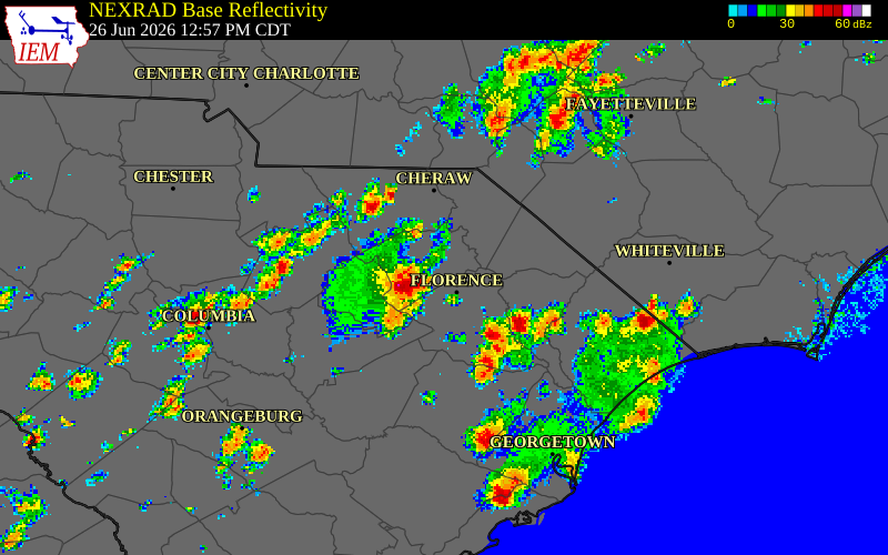 NEXRAD radar during the Friday, June 26, 2026 storm activity in Florence County, South Carolina