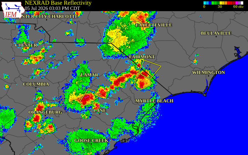 NEXRAD radar during the Sunday, July 5, 2026 storm activity in Florence County, South Carolina
