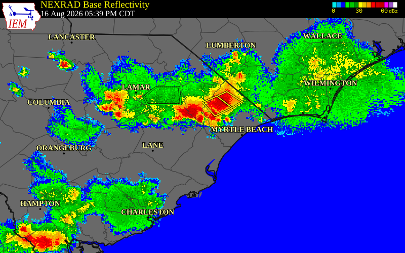 NEXRAD radar during the Sunday, August 16, 2026 storm activity in Florence County, South Carolina