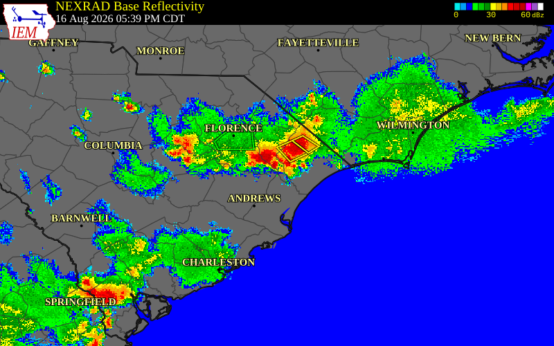 Radar snapshot during the Aug 16, 2026 wind event near Florence County, Florence County, South Carolina, with NWS warning polygons