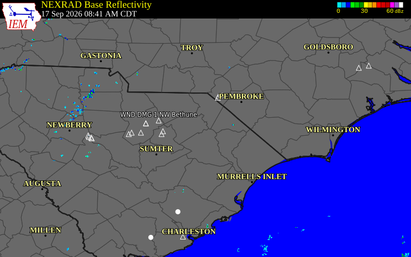 Current NEXRAD radar over Florence County, South Carolina with recent storm report locations