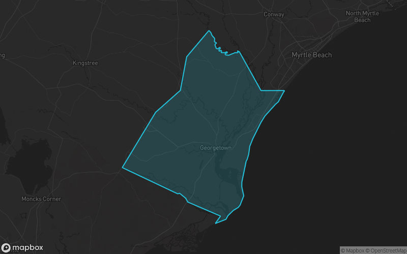 Map of Georgetown County, South Carolina showing the county boundary and surrounding cities