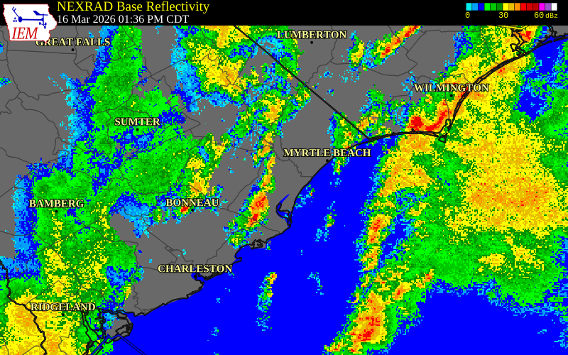 NEXRAD radar during the Monday, March 16, 2026 storm activity in Georgetown County, South Carolina
