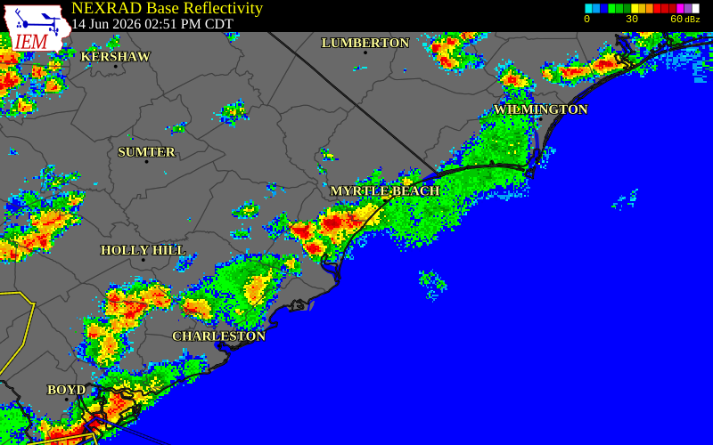 NEXRAD radar during the Sunday, June 14, 2026 storm activity in Georgetown County, South Carolina