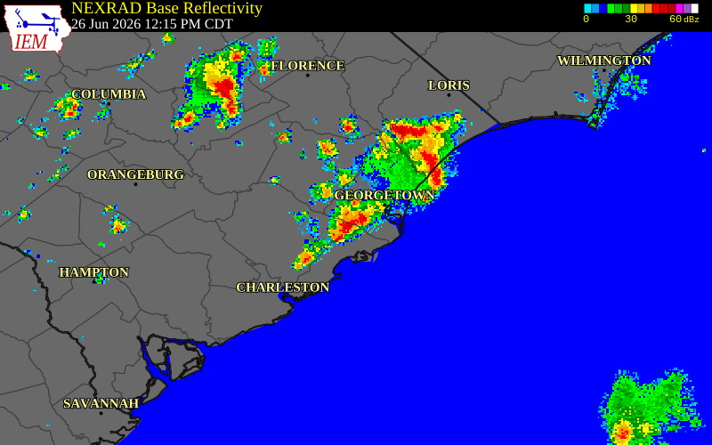 NEXRAD radar during the Friday, June 26, 2026 storm activity in Georgetown County, South Carolina