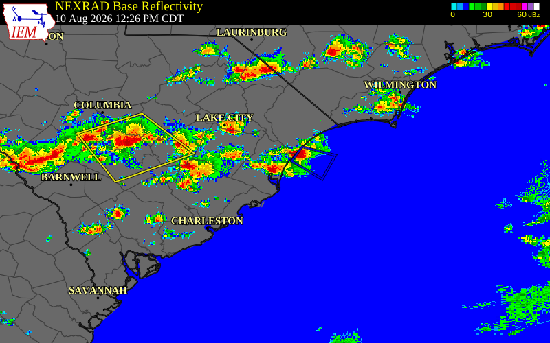 Radar snapshot during the Aug 10, 2026 wind event near Georgetown County, Georgetown County, South Carolina, with NWS warning polygons