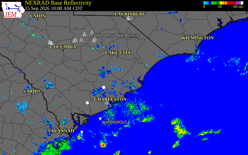Current NEXRAD radar over Georgetown County, South Carolina with recent storm report locations