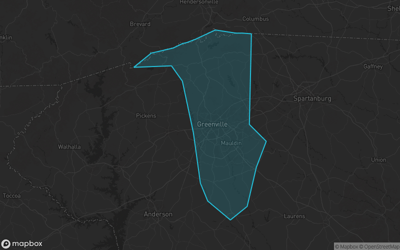 Map of Greenville County, South Carolina showing the county boundary and surrounding cities