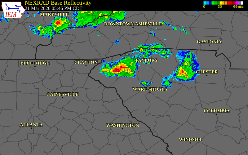 NEXRAD radar during the Saturday, March 21, 2026 storm activity in Greenville County, South Carolina