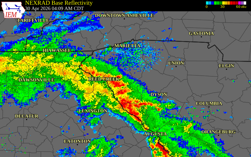 NEXRAD radar during the Thursday, April 30, 2026 storm activity in Greenville County, South Carolina