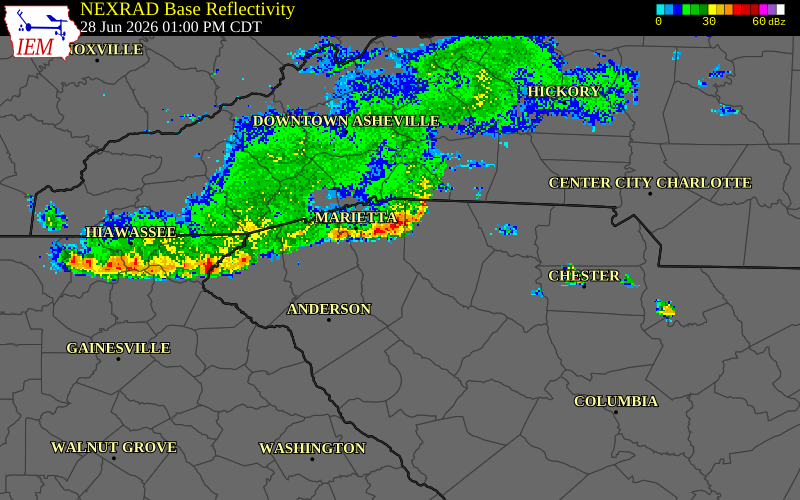 NEXRAD radar during the Sunday, June 28, 2026 storm activity in Greenville County, South Carolina