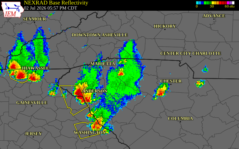 NEXRAD radar during the Thursday, July 2, 2026 storm activity in Greenville County, South Carolina