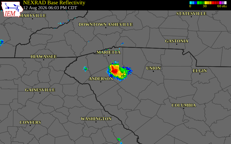 NEXRAD radar during the Wednesday, August 12, 2026 storm activity in Greenville County, South Carolina