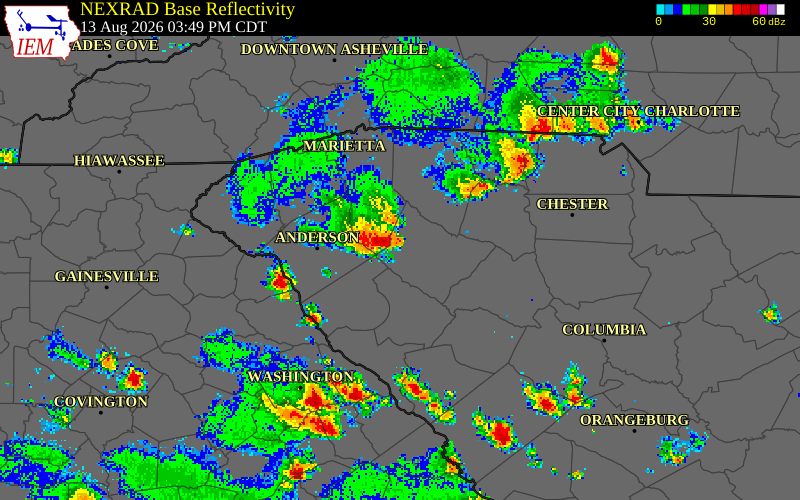 NEXRAD radar during the Thursday, August 13, 2026 storm activity in Greenville County, South Carolina