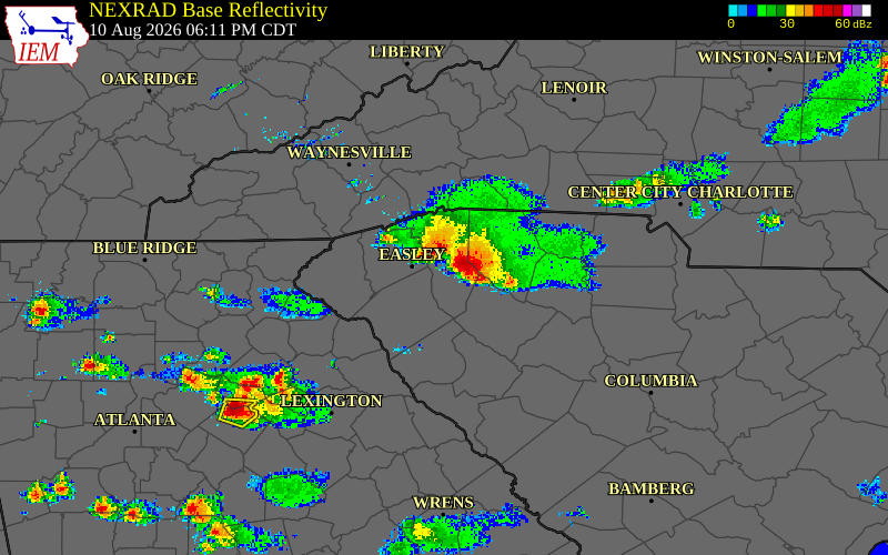 Radar snapshot during the Aug 10, 2026 wind event near Greenville County, Greenville County, South Carolina, with NWS warning polygons