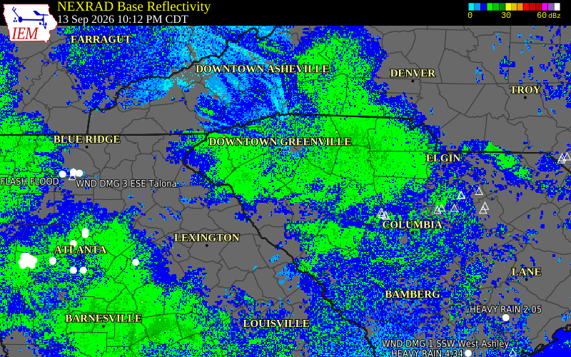 Current NEXRAD radar over Greenville County, South Carolina with recent storm report locations
