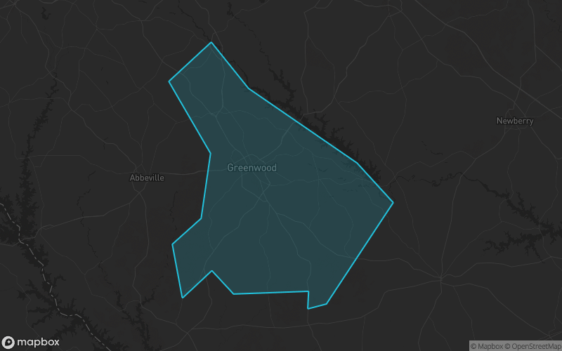 Map of Greenwood County, South Carolina showing the county boundary and surrounding cities