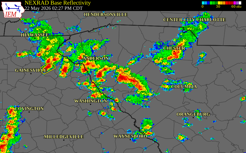 NEXRAD radar during the Friday, May 22, 2026 storm activity in Greenwood County, South Carolina