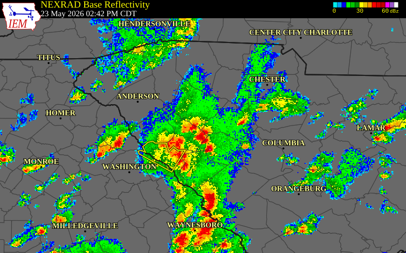 NEXRAD radar during the Saturday, May 23, 2026 storm activity in Greenwood County, South Carolina