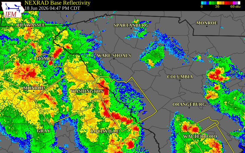 NEXRAD radar during the Thursday, June 18, 2026 storm activity in Greenwood County, South Carolina