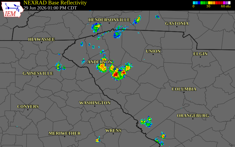 NEXRAD radar during the Monday, June 29, 2026 storm activity in Greenwood County, South Carolina