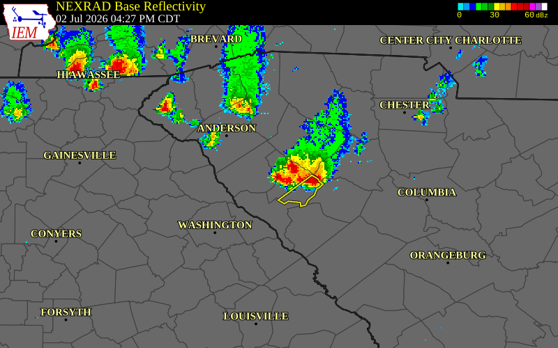 NEXRAD radar during the Thursday, July 2, 2026 storm activity in Greenwood County, South Carolina