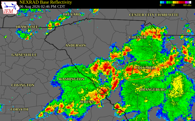 NEXRAD radar during the Thursday, August 6, 2026 storm activity in Greenwood County, South Carolina