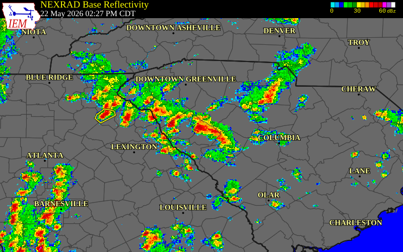 Radar snapshot during the May 22, 2026 wind event near 3 WSW Coronaca, Greenwood County, South Carolina, with NWS warning polygons