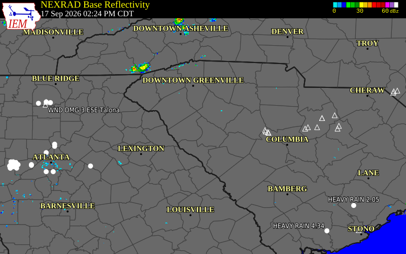Current NEXRAD radar over Greenwood County, South Carolina with recent storm report locations