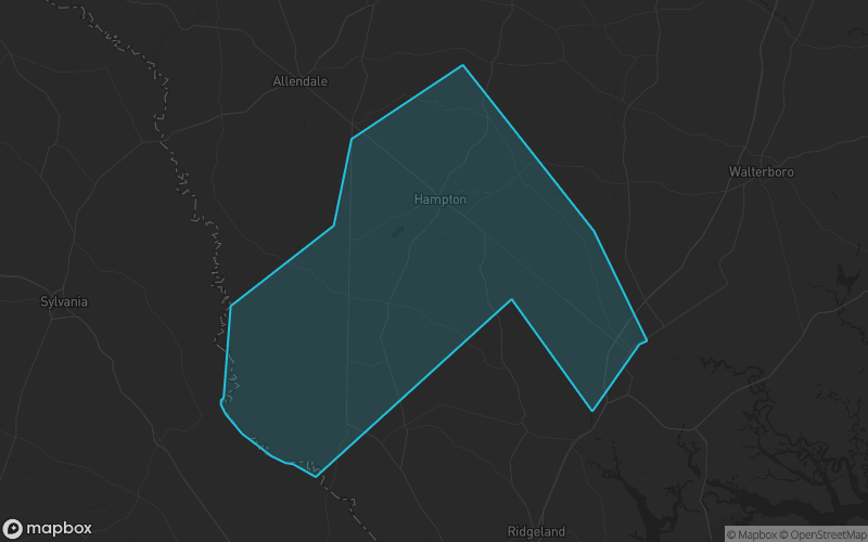 Map of Hampton County, South Carolina showing the county boundary and surrounding cities