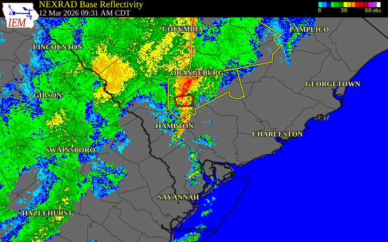 NEXRAD radar during the Thursday, March 12, 2026 storm activity in Hampton County, South Carolina