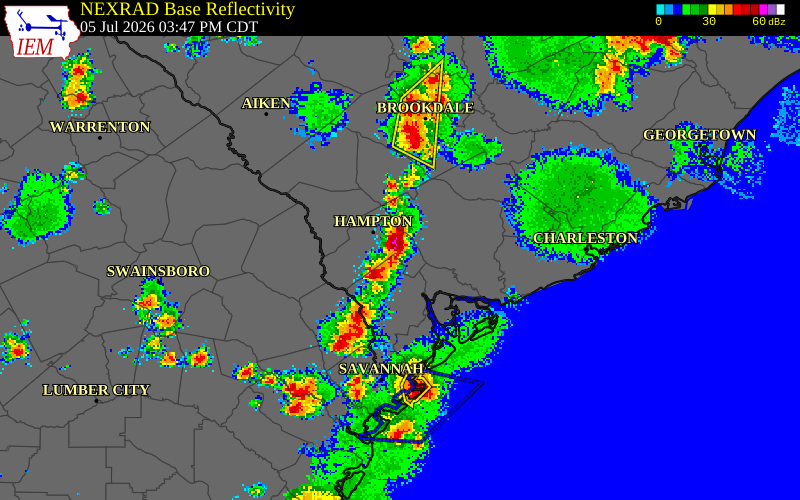 NEXRAD radar during the Sunday, July 5, 2026 storm activity in Hampton County, South Carolina