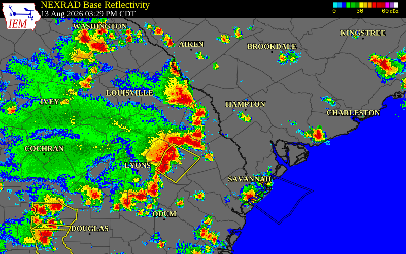 NEXRAD radar during the Thursday, August 13, 2026 storm activity in Hampton County, South Carolina