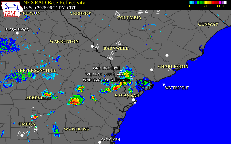 Current NEXRAD radar over Hampton County, South Carolina with recent storm report locations