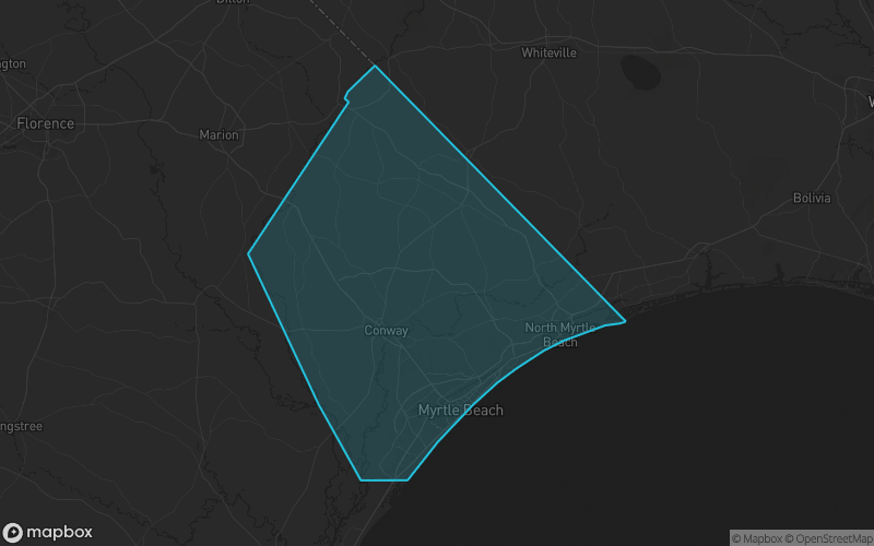 Map of Horry County, South Carolina showing the county boundary and surrounding cities