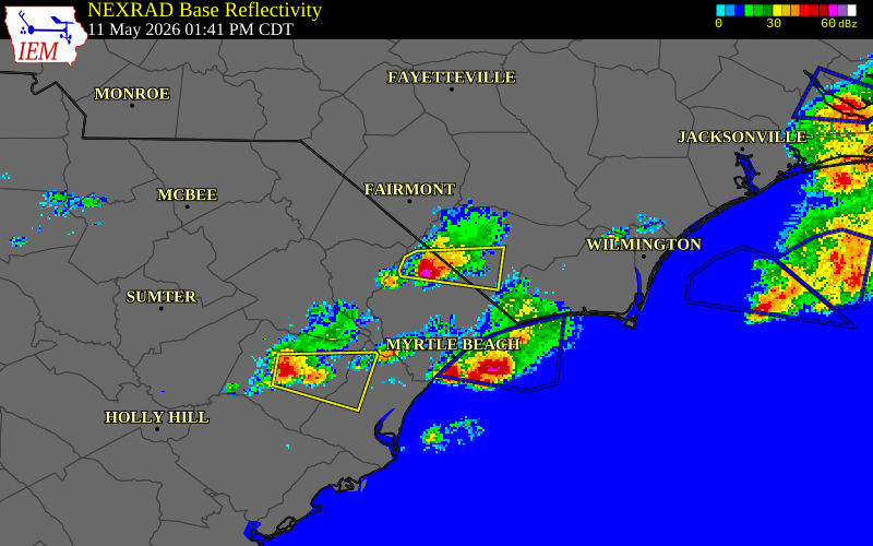 NEXRAD radar during the Monday, May 11, 2026 storm activity in Horry County, South Carolina