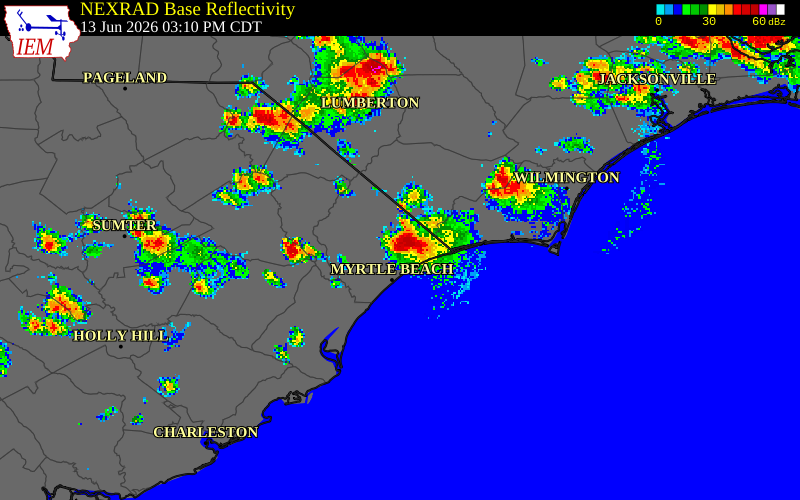 NEXRAD radar during the Saturday, June 13, 2026 storm activity in Horry County, South Carolina