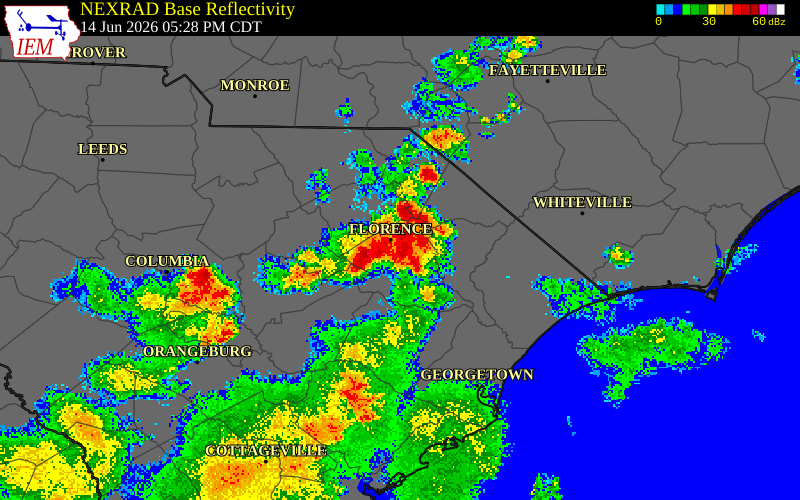 NEXRAD radar during the Sunday, June 14, 2026 storm activity in Horry County, South Carolina
