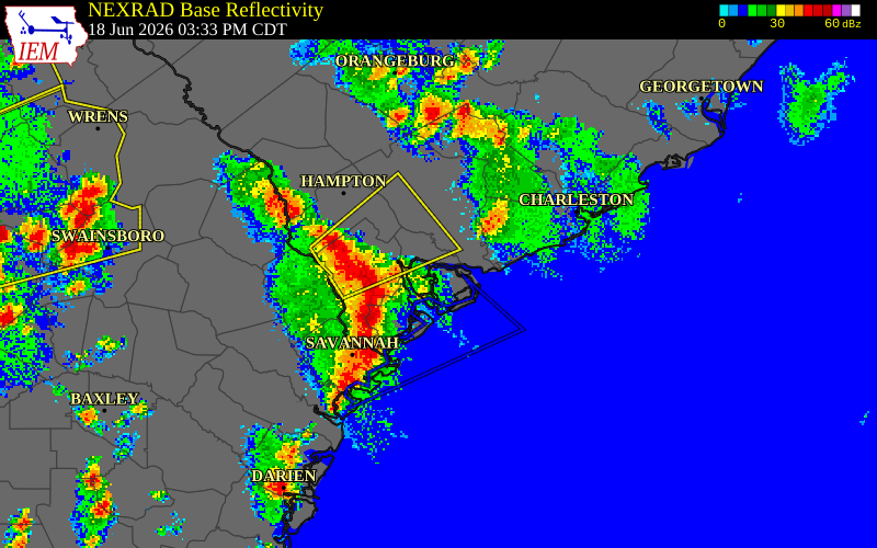 NEXRAD radar during the Thursday, June 18, 2026 storm activity in Jasper County, South Carolina