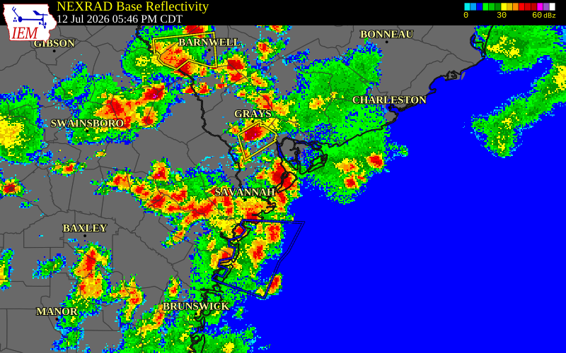NEXRAD radar during the Sunday, July 12, 2026 storm activity in Jasper County, South Carolina