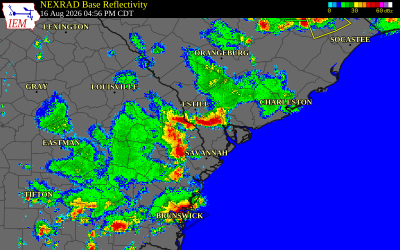 Radar snapshot during the Aug 11, 2026 wind event near Jasper County, Jasper County, South Carolina, with NWS warning polygons