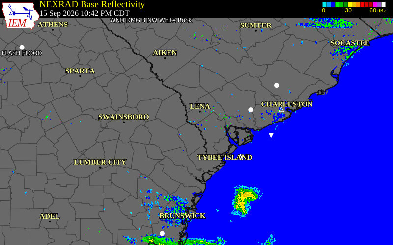 Current NEXRAD radar over Jasper County, South Carolina with recent storm report locations
