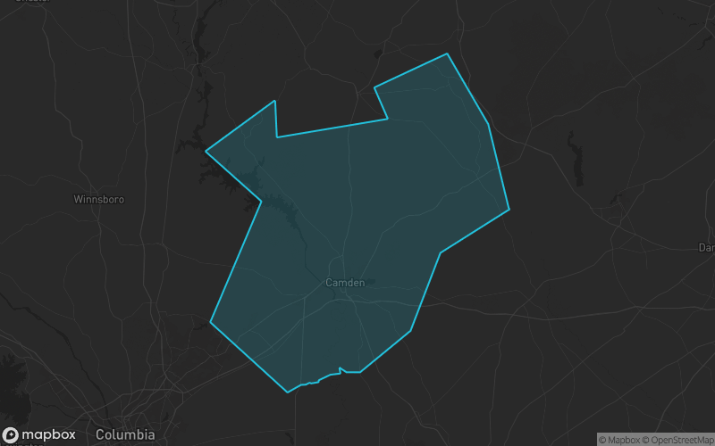 Map of Kershaw County, South Carolina showing the county boundary and surrounding cities