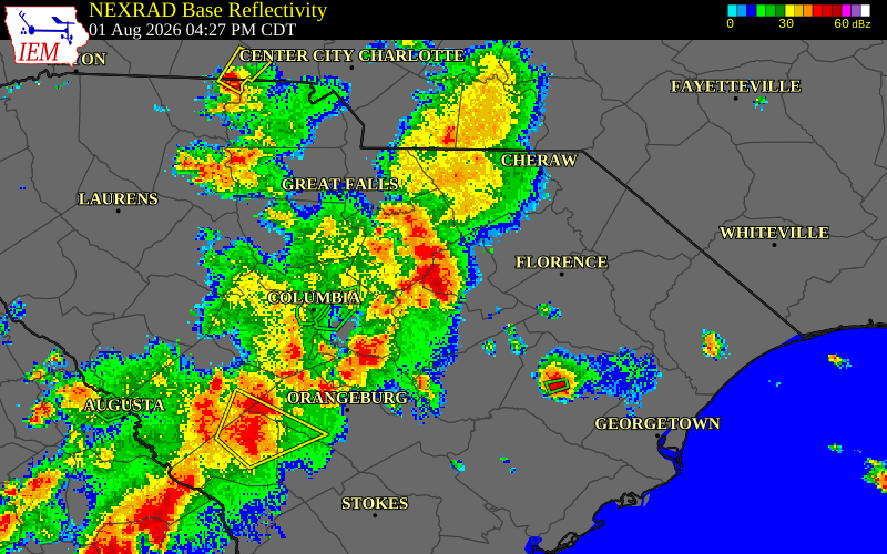 NEXRAD radar during the Saturday, August 1, 2026 storm activity in Kershaw County, South Carolina