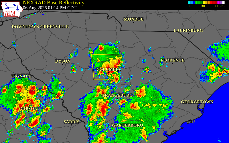NEXRAD radar during the Thursday, August 6, 2026 storm activity in Kershaw County, South Carolina